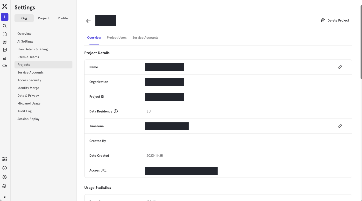 Mixpanel project details